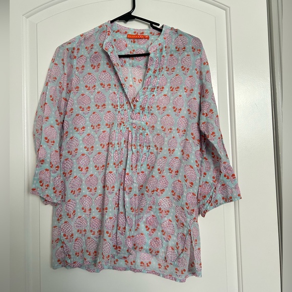 Oliphant Tunic Green Orange Floral Kaftan Swim Cover-Up Top Medium Lightweight - Picture 1 of 10